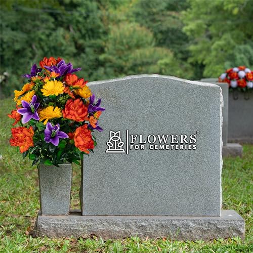 Artificial Cemetery Flowers - Gravesite Flowers - Orange Peonies, Purple Lilies, and Yellow Daisies - size: Bouquet