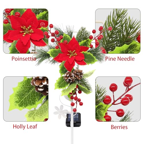 2 Pack Solar Christmas Decorations Outdoor, 32 Inch Solar Christmas Cross Stake Lights, Waterproof Grave Decorations with Poinsettia Flower Pinecones Red Berries for Garden Yard Patio Lawn Cemetery - style: 2 Pack Poinsettia Cross
