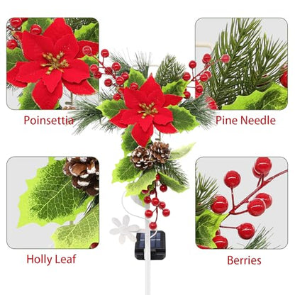 2 Pack Solar Christmas Decorations Outdoor, 32 Inch Solar Christmas Cross Stake Lights, Waterproof Grave Decorations with Poinsettia Flower Pinecones Red Berries for Garden Yard Patio Lawn Cemetery - style: 2 Pack Poinsettia Cross