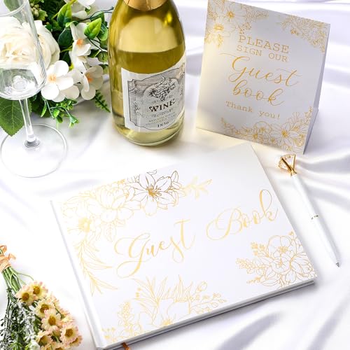 Wedding Guest Book with Pen and Table Sign, 7x9 Inch Photo Guestbook with 88 Lined Pages, Personalized Guestbook Photo Album Sign in Book for Reception Bridal Shower Wedding Birthday Party(Gold Foil) - style: Gold Foil