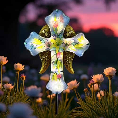 Solar Cross Garden Stakes for Graves,Lily Cemetery Decorations Yard Patio Decor,Golden Angel Wings Cross Lights Outdoor,Remembrance Gifts - color: Lily