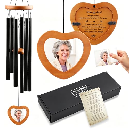 Personalized Photo Memorial Wind Chimes for Loss of Loved One Sympathy Gift | Add Your Loved One's Photo - 32" Bereavement Condolence Remembrance Funeral Gifts for Grieving Friends Loss of Mother Father - color: Wooden Frame