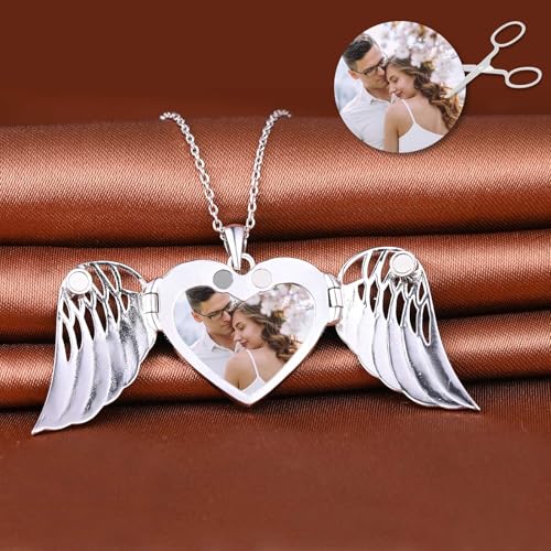MicLee Women Photo Locket Necklace 925 Sterling Silver Heart Shape Feather Wings Pattern Picture Locket Necklace - color: Silver