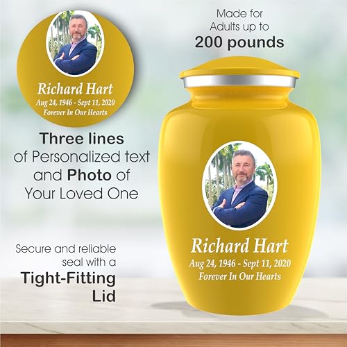 Personalized Photo Cremation Urns for Adult Ashes Male Female - 200lbs Custom Photo Burial Urns for Human Ashes - Engraved Handcrafted Funeral Decorative Urns for Adult with Velvet Bag, Yellow