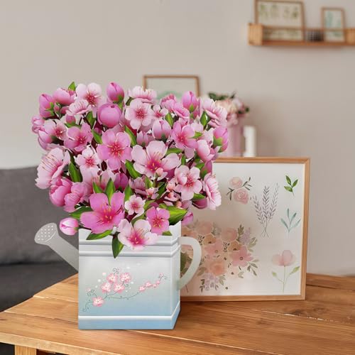 Pop Up Flowers Bouquet Birthday Card for Women | Romantic Gifts for Women, 3D Box Greeting Card with Cherry Blossom Bouquet in Watering Can for Anniversary, Valentine's Day - color: Cherry Blossom Watering Can