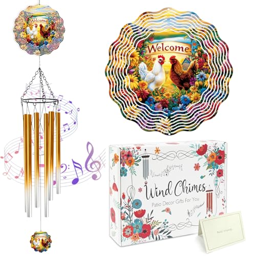 Chicken Wind Chimes for Outside with Wind Spinner, Summer Garden Patio Yard Porch Decor, Floral Hen Wind Chime with Gift Box, Summer Birthday Housewarming Gifts for Women Grandma Nana - color: Floral Hen