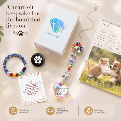 Junkin Pet Memorial Gifts Loss of Dog Sympathy Gift Set with Crystal Suncatcher Memorial Bracelet and Comfort Stone Dog Cat Remembrance Gift for Women Men Pet Owners Loss of Cat