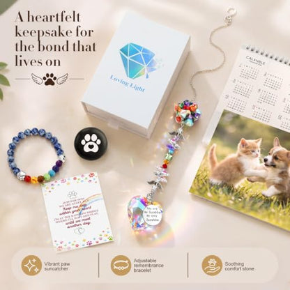 Junkin Pet Memorial Gifts Loss of Dog Sympathy Gift Set with Crystal Suncatcher Memorial Bracelet and Comfort Stone Dog Cat Remembrance Gift for Women Men Pet Owners Loss of Cat