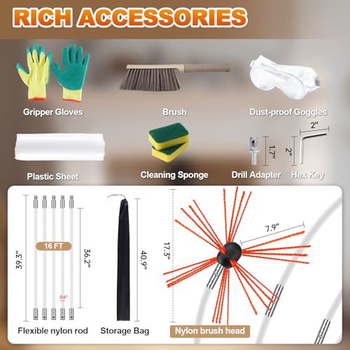 Bluesea 16 Feet Chimney Sweep Kit, Ergonomic Chimney Cleaning System with Strong Brush, Extends Up to 16 Feet, Includes 5 Flexible Chimney Rods - size: 16 feet