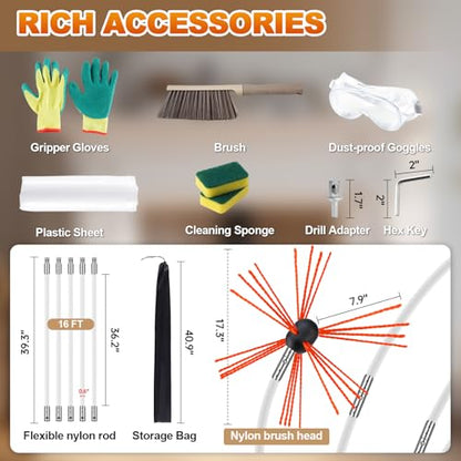 Bluesea 16 Feet Chimney Sweep Kit, Ergonomic Chimney Cleaning System with Strong Brush, Extends Up to 16 Feet, Includes 5 Flexible Chimney Rods - size: 16 feet