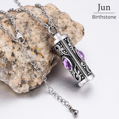 XIUDA Crystal Cremation Urn Necklace for Ashes Keepsake Stainless Steel Memorial Pendant with Flower - color: Light Purple