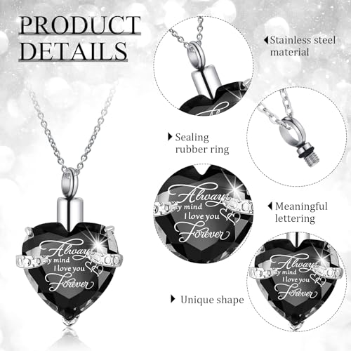 Huquary 16 Pcs Urn Necklace for Ashes Waterproof Stainless Steel Carved Ashes Locket with 8 Filling Kit Heart Cylinder Cross Cubic Fish Hook Jewelry for Ashes with Wing Diamond for Men Women - color: Black