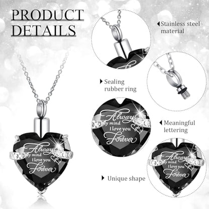 Huquary 16 Pcs Urn Necklace for Ashes Waterproof Stainless Steel Carved Ashes Locket with 8 Filling Kit Heart Cylinder Cross Cubic Fish Hook Jewelry for Ashes with Wing Diamond for Men Women - color: Black
