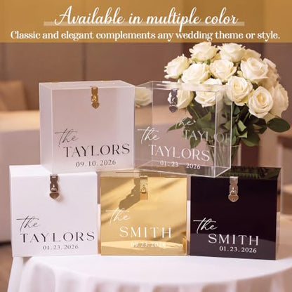 Novabright 10 Inches Wedding Acrylic Card Box with Slot Lock and Last Name Transfers Money Box for Bridal Shower Wedding, Baby Shower Birthday Party, No Assembly Needed(Gold,Classic Style) - color: Gold, style: Classic Style