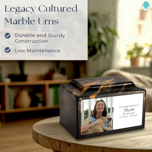 GetUrns Cultured Marble Urn Vault by Mackenzie with Personalized Picture and Text for Human Ashes I Black & Gold Adult Urns for Male and Female I 210lbs - color: Black & Gold