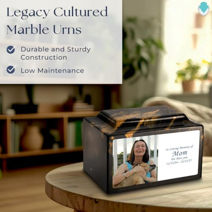 GetUrns Cultured Marble Urn Vault by Mackenzie with Personalized Picture and Text for Human Ashes I Black & Gold Adult Urns for Male and Female I 210lbs - color: Black & Gold