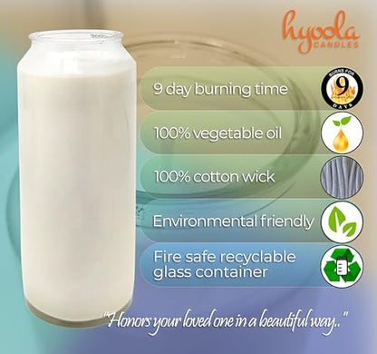 Hyoola 9 Day White Prayer Candle in Glass Jar- 3 Pack - Memory Candle for Religious, Memorial, Vigil and Emergency - 100% Vegetable Oil Wax