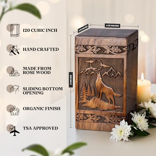 Wooden Cremation Urns for Human Ashes 120 lbs - Decorative Funeral, Burial Urn for Adult Female & Male - Wood Urn for Women, Men & Loved Ones - Wolf - size: Small - 120 Cu/in