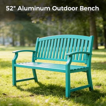 Grand patio 52" Farmhouse Outdoor Bench with Armrest, Turquoise Blue | Anti-rust Aluminum Frame, Faux Wood Grain Finish, for Front Porch, Yard, Park, Garden - color: Turquoise Blue