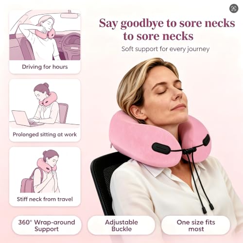 Upgraded Memory Foam Neck Pillow, Ergonomic Airplane Pillow, Washable Gear - color: Pink