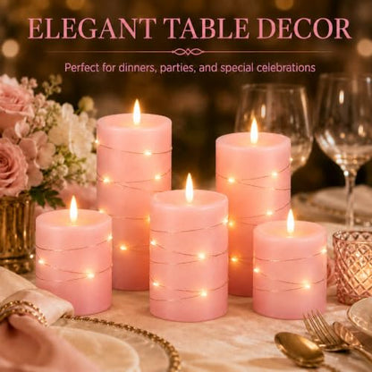 Upinmz Flickering Flameless Candles with Embedded String Lights, Battery Operated Candles with Remote Control and Timer,LED Candles for Home Decoration,Real Wax, 3 Pack Pink - size: Pink-Wax-3 Pack
