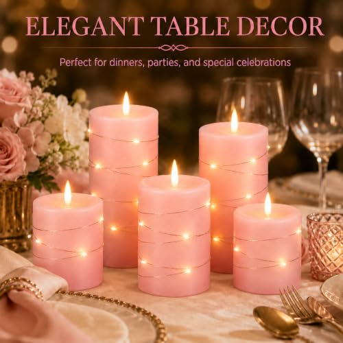 Upinmz Pink Real Wax Flameless Candles, 3-Pack, Remote Timer, String Lights - size: Pink-Wax-3 Pack