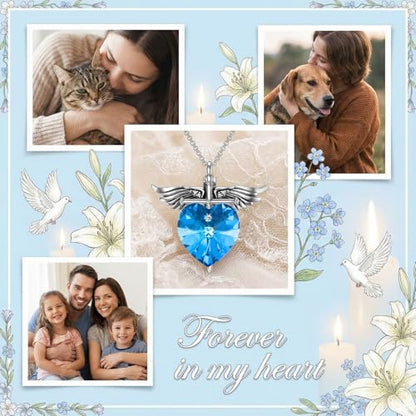 SOULMEET Memorial Wings Necklace for Ashes with Large Heart Crystal Birthstone, Angel Wings Urn Necklaces with Heart Shaped Birthstone Keepsake Silver Cremation Jewelry - style: L-December