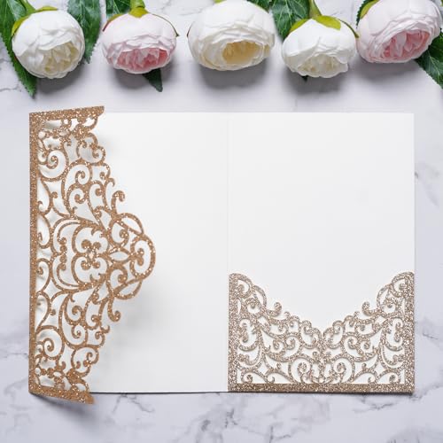 ponatia 20PCS Gold Glitter Laser Cut Wedding Invitations Pockets, Tri-fold 5x7 Laser Cut Invitation Pockets for Wedding Bridal Shower Quinceanera 15 Anos Invite (No Envelopes & Inner Sheets) - color: Gold Glitter