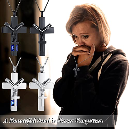 Yinkin 8 Pcs Urn Necklace for Ashes Cremation Cross Necklace Stainless Steel Cremation Jewelry Ashes Memorial Jewelry for Men Women - color: Black and Silver