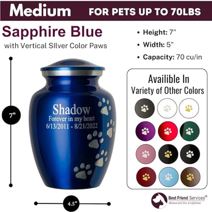 Ottillie Premier Sapphire/Pewter/Vert Urn, up to 65lbs - color: Sapphire Blue, Vertical Pewter Paws, size: Medium