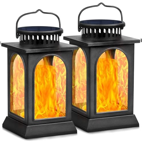 TomCare Flickering Flame Solar Lights Outdoor Metal Hanging Lantern, 2 Pack - size: 2 Pack, style: Gorgeous-Black