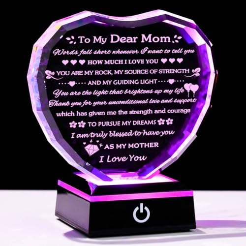 Arikyrist Gifts for Mom with Colorful LED Base Moms Birthday Gifts from Daughter Son to My Mom Gift Crystal Heart Keepsake Best Mother Presents Idea for Christmas Mother's Day Valentine - style: Mom Gifts + Light Base