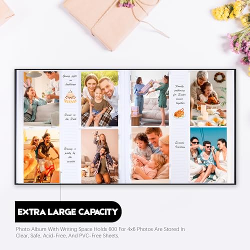 Photo Album 4x6 Vertical 600 Photos with Writing Space, Black | Linen Cover, Acid-Free Pages, Clear PP Pockets, Memo Writing Space, Front Display Window, Family, Wedding & Travel Memories - color: Black