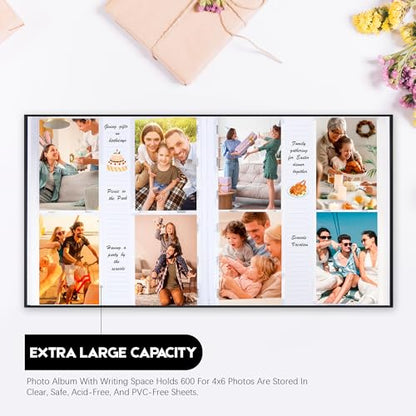 Photo Album 4x6 Vertical 600 Photos with Writing Space, Black | Linen Cover, Acid-Free Pages, Clear PP Pockets, Memo Writing Space, Front Display Window, Family, Wedding & Travel Memories - color: Black