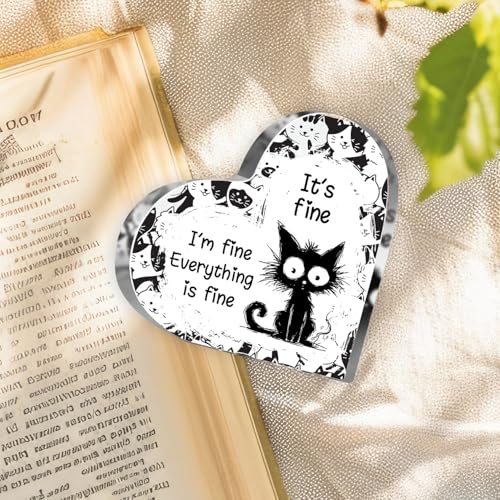 Cat Lover Gifts for Women Girls Cat Funny Office Acrylic Heart It’s Fun Everything Fun Gifts for Friends Coworkers Teacher Boss Desk Nursery Office Sign Plaque Paperweight - style: Everything is fine