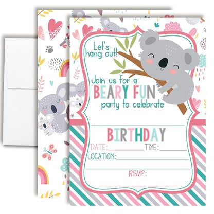 Amanda Creation Koala Birthday Invitations, 20 Pack 5x7 Fill-In Koala Party Invitations with White Envelopes, Let's Hang Out Cute Bear Birthday Cards, Made in USA - color: Let's Hang Out Cute Koala Bear