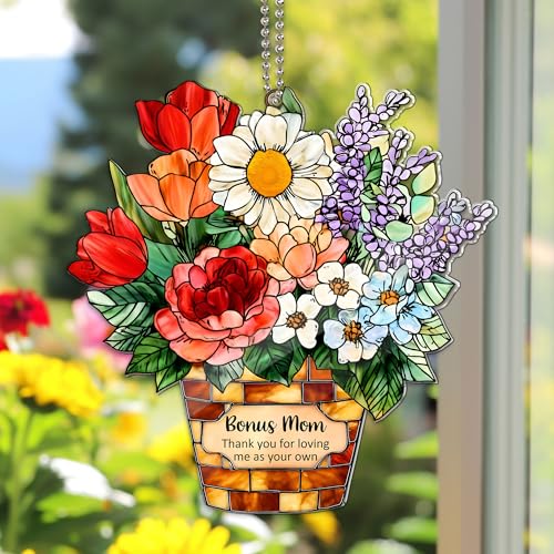 Bonus Mom Acrylic Suncatcher with Card, Bonus Mom Gifts from Daughter Son, for Stepmom Bonus Mom, Birthday Gifts for Stepmom, Stepmother - color: Bonus Mom