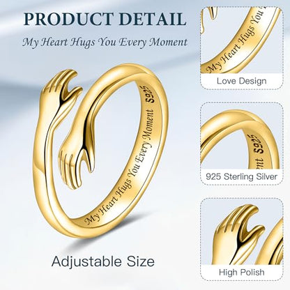 LOVECOM S925 Sterling Silver Hug Rings for Women Teen Girls Mother Daughter - color: Gold-My Heart Hugs You Every Moment, size: US Size 7