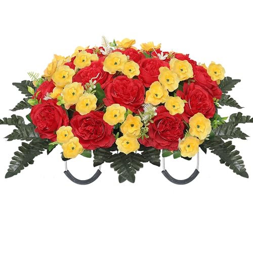 Artificial Cemetery Flowers for Graves Realistic Peony Headstone Flower Saddle Memorial Cemetery Flowers Grave Decorations for Cemetery UV Resistant & No-Fade (Red Yellow) - color: Red Yellow