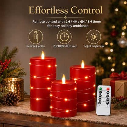 Upinmz Red Flameless Candle with Remote Control and Timer,Flickering Battery Operated Candles with String Lights,LED Pillar Candles,Set of 3 - size: Red-Wax-3 Pack