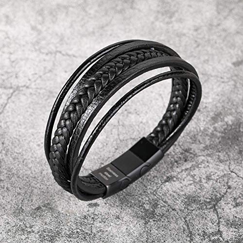 Mens Leather Bracelet with Clasp Cowhide Multi-Layer Braided Leather Mens Bracelet - style: black leather&black clasp&7.3