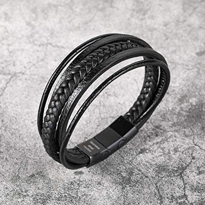 Mens Leather Bracelet with Clasp Cowhide Multi-Layer Braided Leather Mens Bracelet - style: black leather&black clasp&8.3