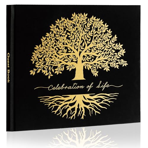 Funeral Guest Book for Celebration of Life, in Loving Memory Sign in Book | 320 Entries, Table Sign Card Included, Gold Stamping, Twill-Textured Paper Cover, Memorial Keepsake, 9x7.5", Tree - color: Tree