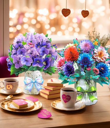 Pop Up Card Floral Bouquets for Women, Dasiy Sunflower Voilet Tulip Dahlia Rose Greeting Set for Grandmother Mom Wife Sister Mother's Day Birthday Gift, Includes Envelopes and Blank Note Card - style: Dasiy Sunflower Voilet Tulip Dahlia Rose
