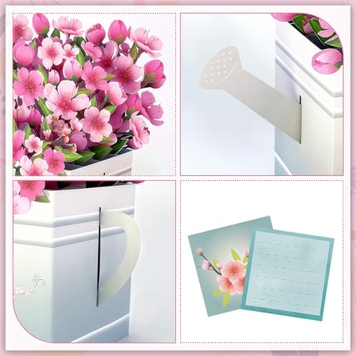 Pop Up Flowers Bouquet Birthday Card for Women | Romantic Gifts for Women, 3D Box Greeting Card with Cherry Blossom Bouquet in Watering Can for Anniversary, Valentine's Day - color: Cherry Blossom Watering Can