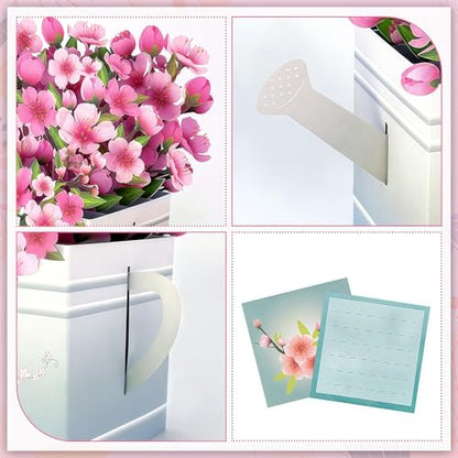 Pop Up Flowers Bouquet Birthday Card for Women | Romantic Gifts for Women, 3D Box Greeting Card with Cherry Blossom Bouquet in Watering Can for Anniversary, Valentine's Day - color: Cherry Blossom Watering Can