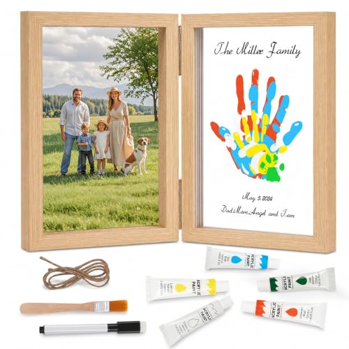Family Handprint Kit, DIY Baby Hand and Footprint Handmade Keepsake Wooden Frame, Family Gifts with 5 Non-Toxic, Baby-Safe Paints, Gift Ideas for New Parents, Grandparents, Father's Day, Mother's Day - color: Natural Wood, size: 4 Pages Acrylic Boards