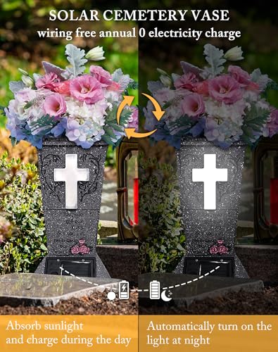 2 Pack Solar Cemetery Vase with LED Cross Lamp Flower Holder - color: White Light 2pcs