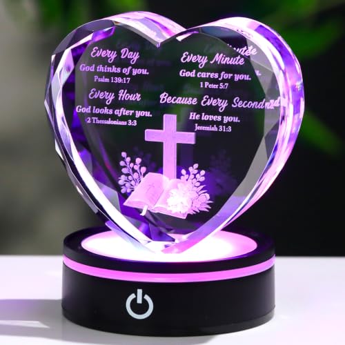 Ornalrist Crystal Heart Christian Gifts for Women Men Religious Keepsake | Bible Verse and Cross Faith Plaque with LED Light Base Inspirational Spiritual Gift for Adults Teens Catholic Decor - color: Christian Gifts