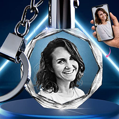 3D innovation Personalized Crystal Keychain Photo with LED Light Custom Laser Etched Key Chain, Valentines Gifts Keepsake - style: Round